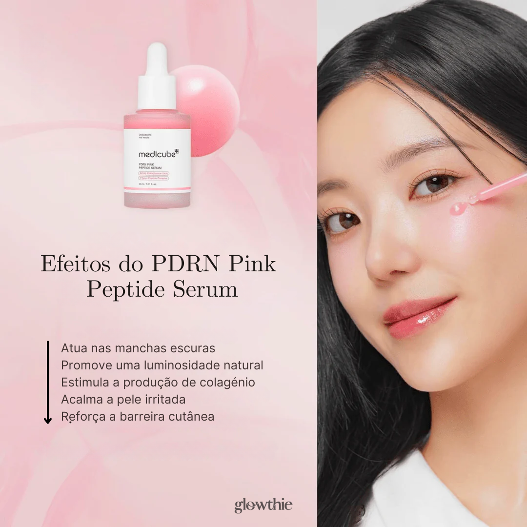 efeitos do PDRN Frasco do Medicube PDRN Pink Peptide Serum Glowthie em cenário minimalista, Loja de Cosmética Coreana em Portugal