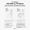 Comparação entre Dr. Althea 345 Relief Cream e 147 Barrier Cream, cremes hidratantes coreanos para pele, com embalagens visíveis e descrições de benefícios para diferentes tipos de pele.