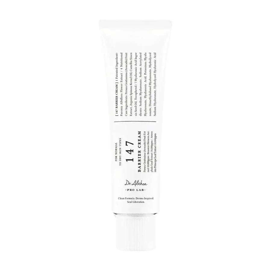 Creme facial coreano Dr. Althea 147 Barrier Cream em bisnaga branca, cuidado da pele seco