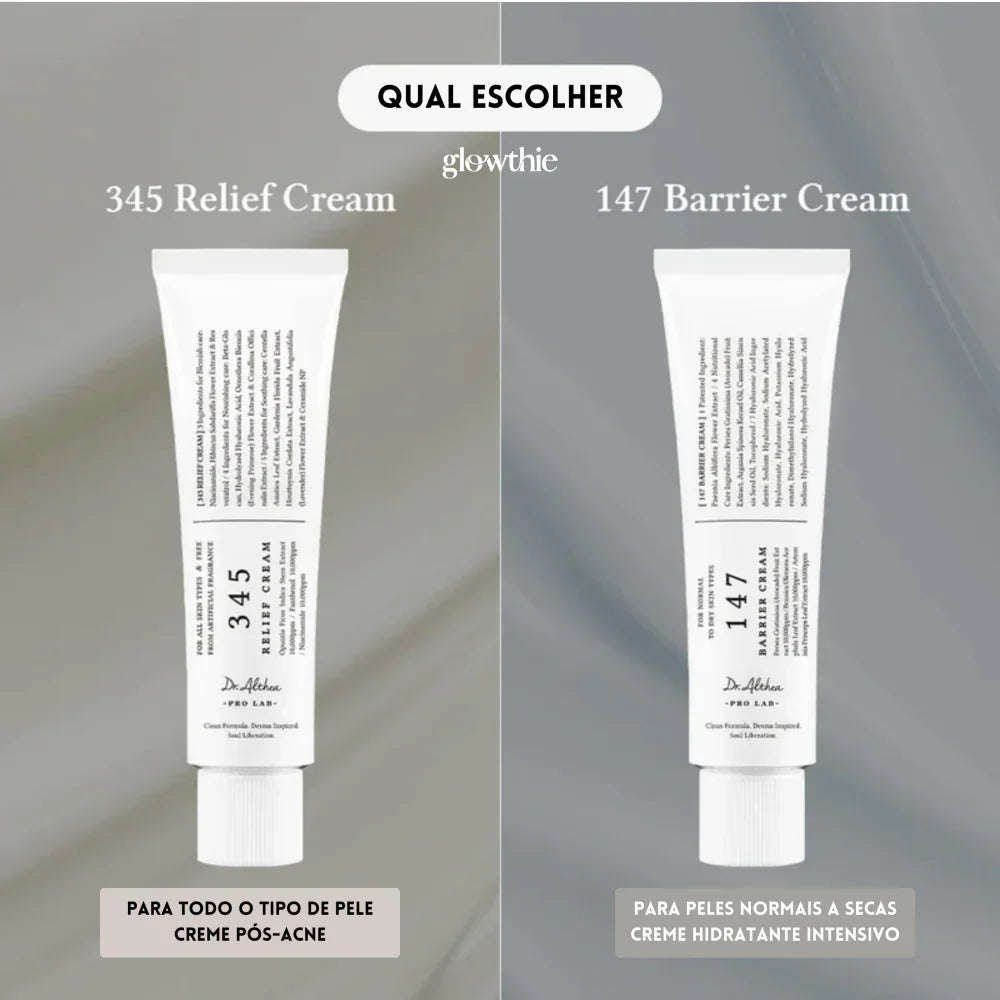 Dois tubos de creme coreano Dr. Althea, 345 Relief Cream para pele pós-acne e 147 Barrier Cream para hidratação intensiva de peles normais a secas.