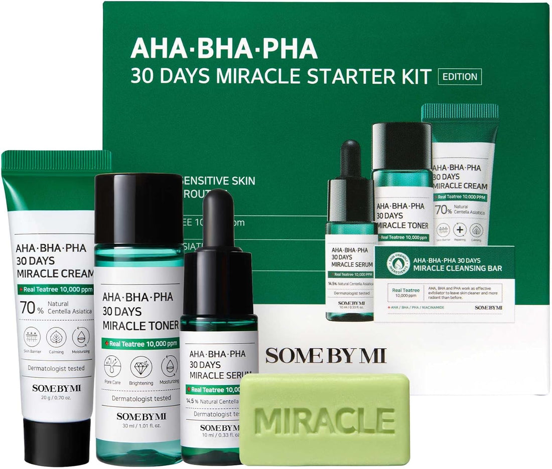 Kit completo AHA BHA PHA 30 Days Miracle Starter da Some By Mi, ideal para pele oleosa e com acne. Disponível na Glowthie – loja de cosmética coreana em Portugal.