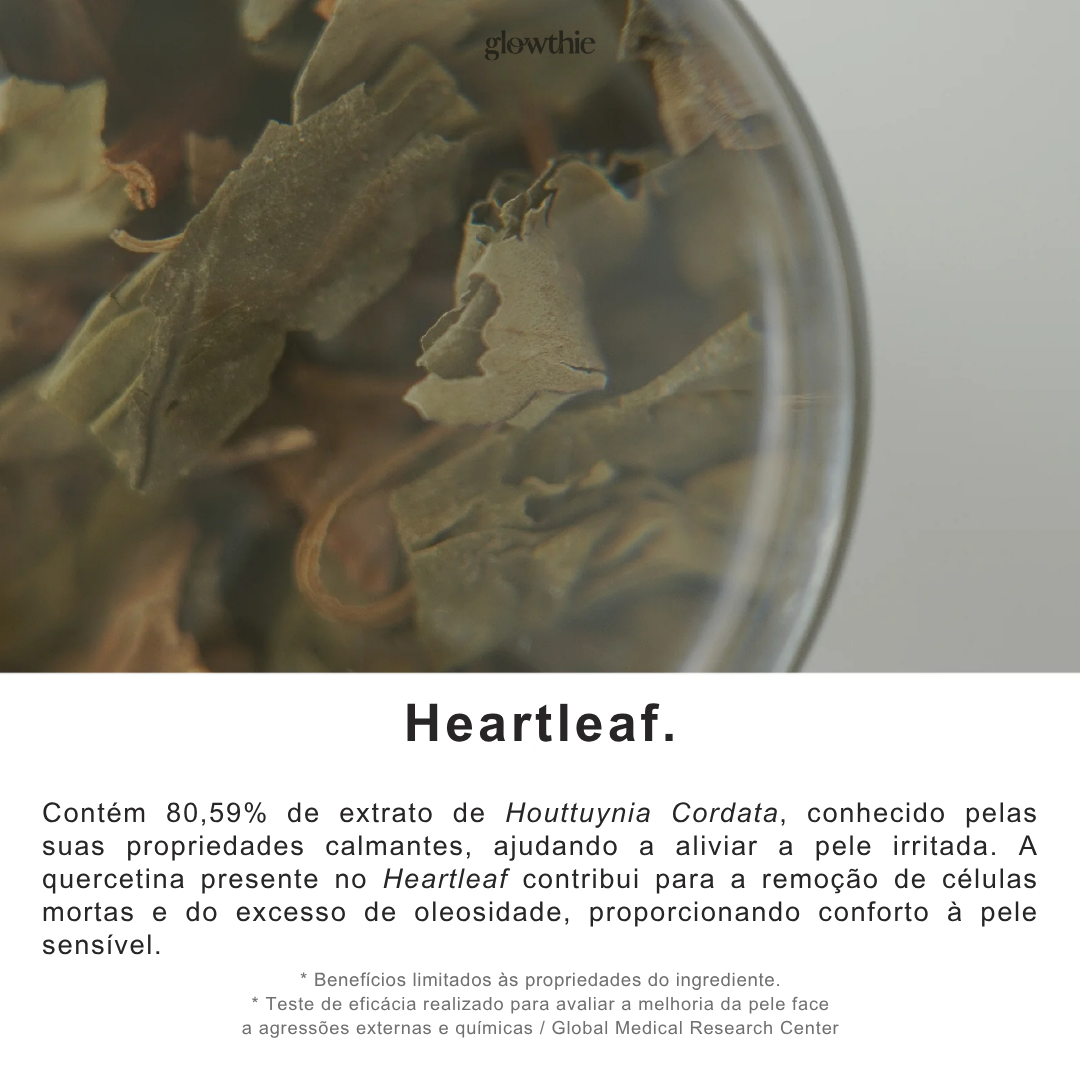 Essência leve e refrescante com extrato de Houttuynia Cordata. Ingredientes naturais destacados ao lado do produto.
