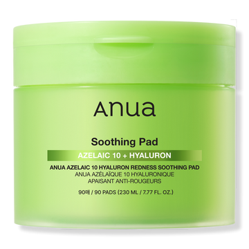 Um frasco cilíndrico verde-claro com a inscrição “Anua Soothing Pad” e “Azelaic 10 + Hyaluron” por baixo. Contém 90 discos, 230 ml, indicado para acalmar a vermelhidão. KBeauty Portugal.
