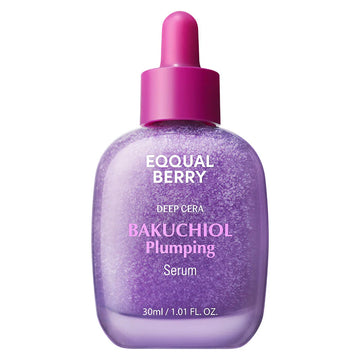 Uma embalagem roxa do **EQUAL BERRY Bakuchiol Plumping Serum**, com letras cor-de-rosa e uma tampa com conta-gotas. O frasco contém **30 ml** de produto.
