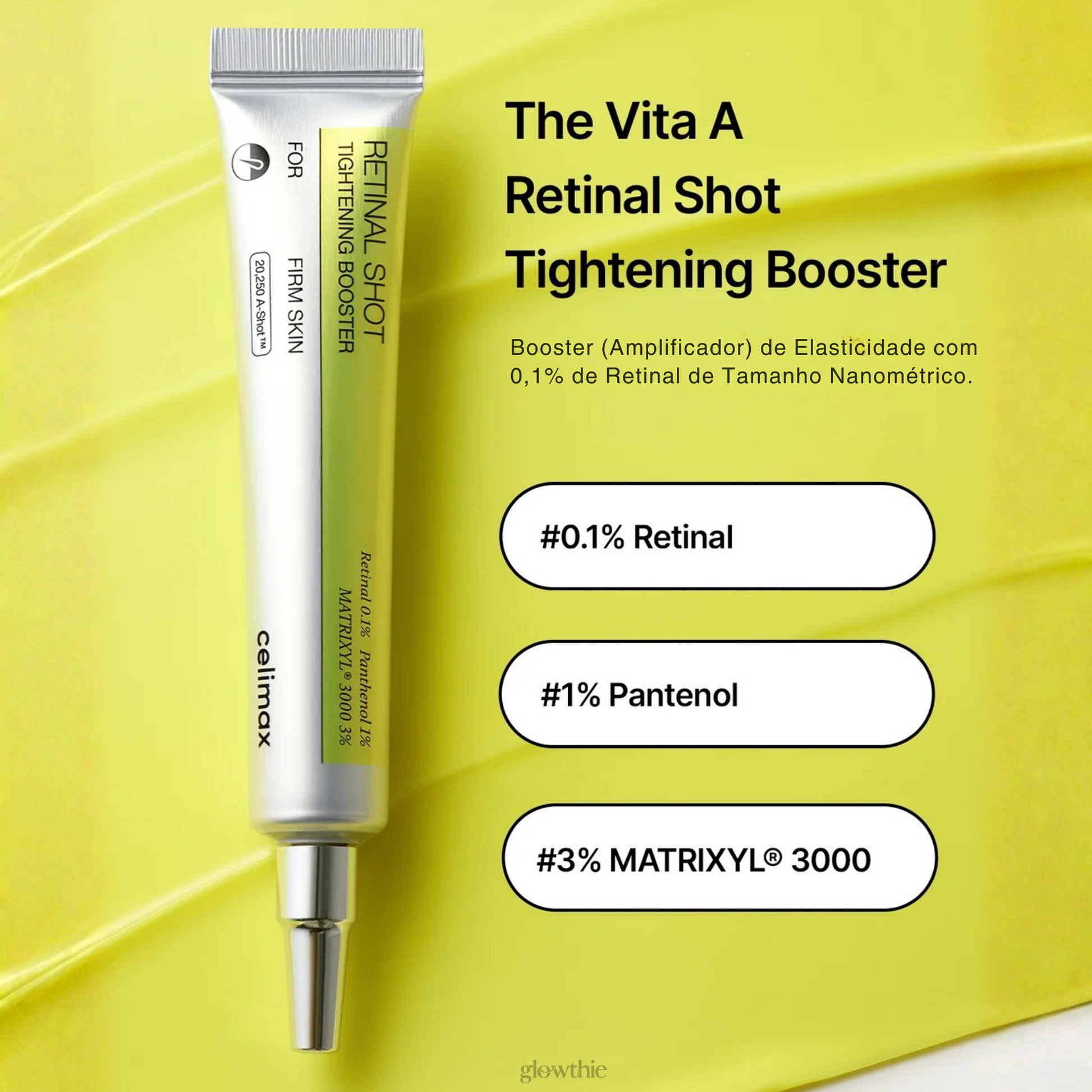 Tubo do Celimax Retinal Shot Tightening Booster sobre fundo amarelo. O texto destaca os ingredientes: 0,1% Retinal, 1% Pantenol, 3% Matrixyl 3000