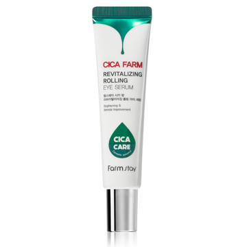 Imagem em grande plano da mão de uma pessoa a segurar o Cica Farm Revitalizing Rolling Eye Serum