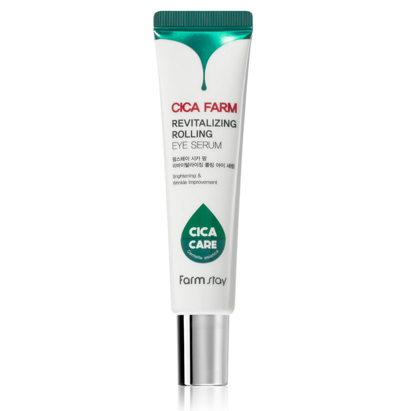Imagem em grande plano da mão de uma pessoa a segurar o Cica Farm Revitalizing Rolling Eye Serum