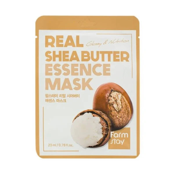 Embalagem da Real Shea Butter Essence Mask da Farm Stay, com uma noz de karité partida mostrando a manteiga cremosa. O texto em destaque transmite cuidados de pele nutritivos.