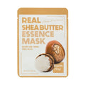 Embalagem da Real Shea Butter Essence Mask da Farm Stay, com uma noz de karité partida mostrando a manteiga cremosa. O texto em destaque transmite cuidados de pele nutritivos.