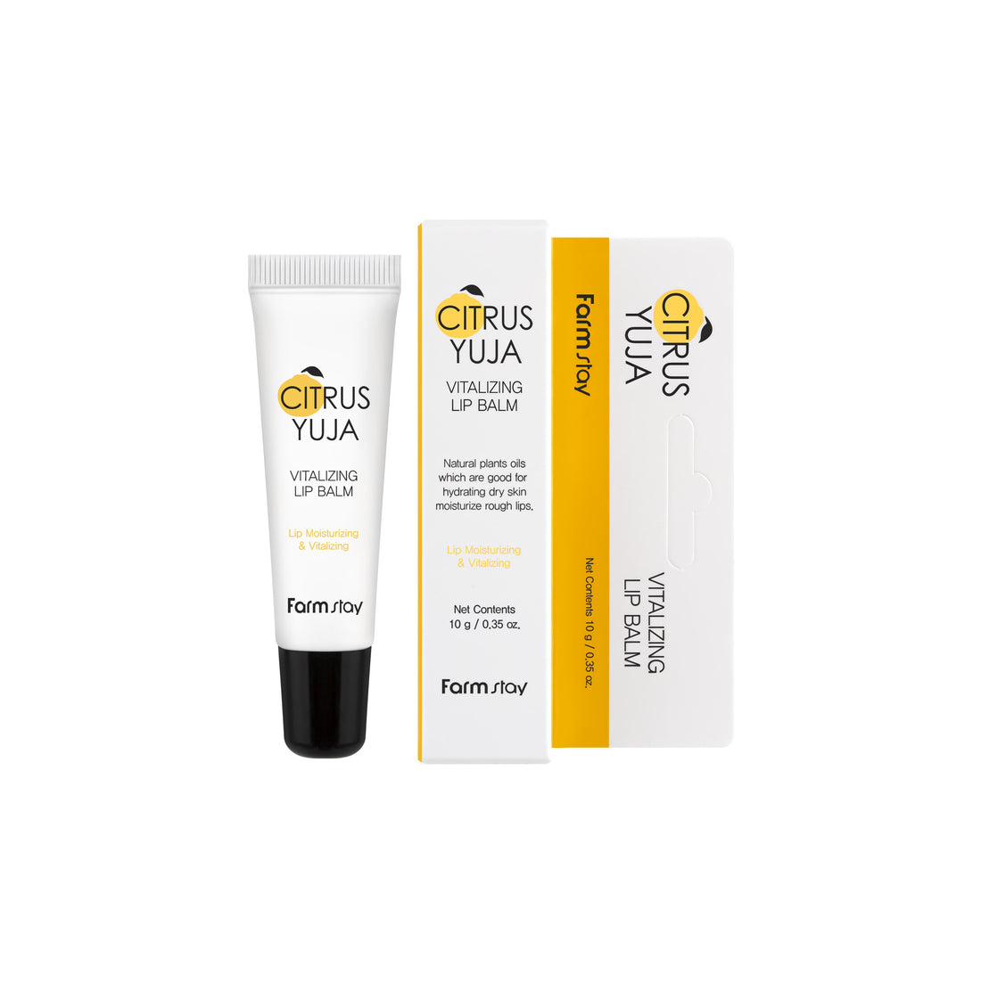 Citrus Yuja Vitalizing Lip Balm num tubo branco com tampa preta. A caixa e a embalagem apresentam um design branco e amarelo, destacando os benefícios de hidratação.