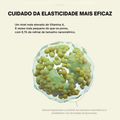 Ilustração de uma estrutura molecular verde e amarela com texto em português destacando os benefícios da Vitamina A para a elasticidade da pele.