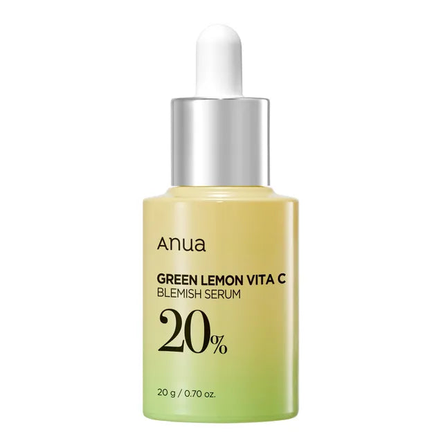 Sérum iluminador com vitamina C e limão verde. Frasco do Anua Green Lemon Vita C Blemish Serum sobre fundo branco.
