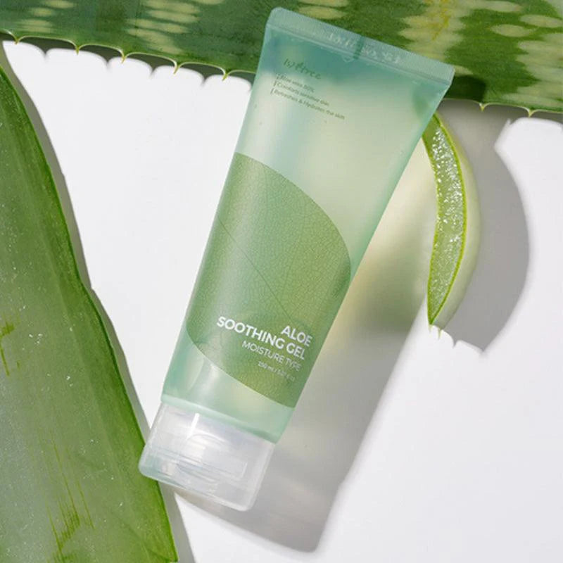 Cuidado diário com 80% de aloe vera para pele seca. Ingredientes naturais destacados ao lado do produto