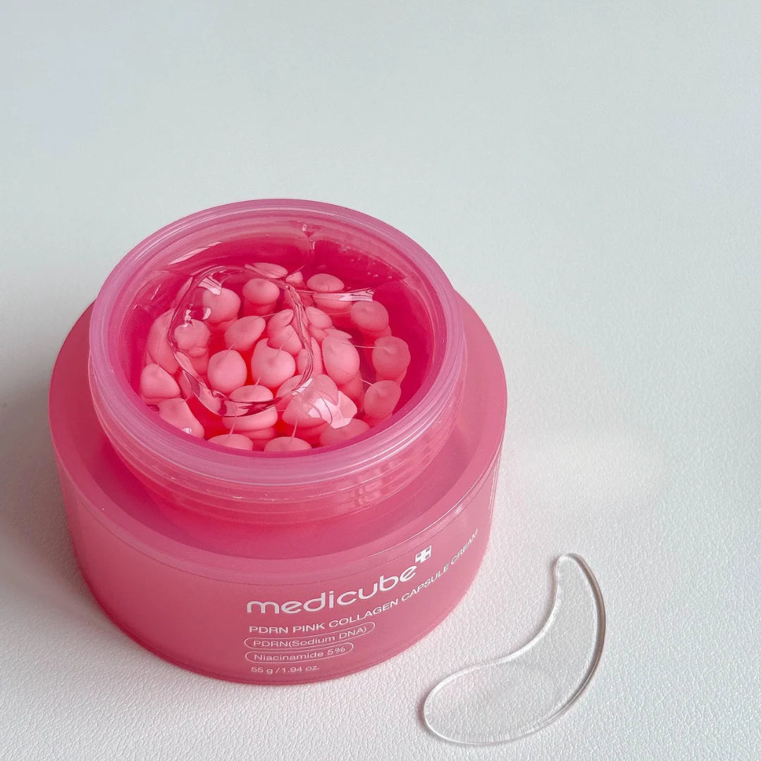 Frasco do Medicube PDRN Pink Collagen Capsule Cream Glowthie sobre fundo branco, Loja de Cosmética Coreana em Portugal