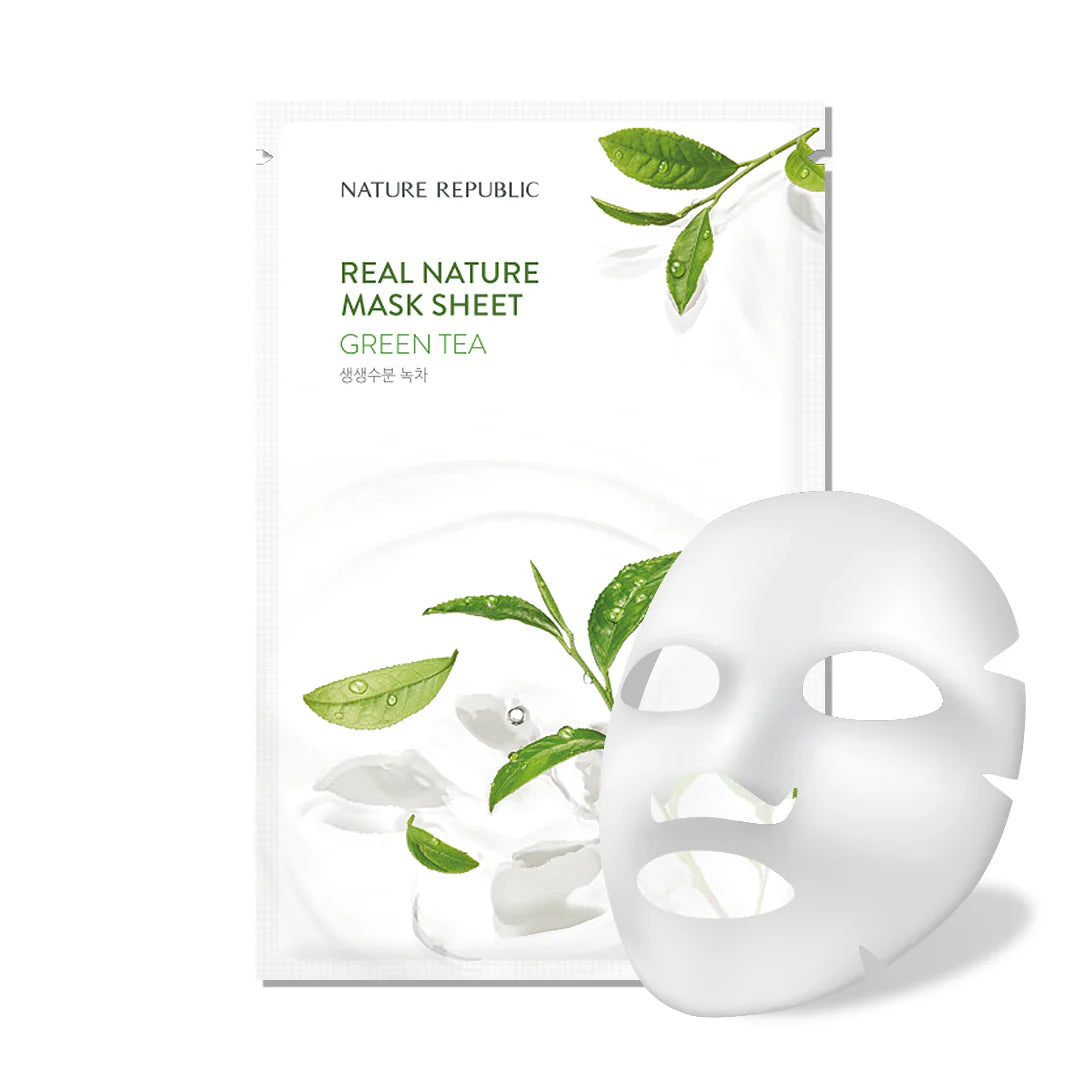 mascara de tecido coreana com extrato de chá verde para hidratar e acalmar a pele sensível e propensa a imperfeições.