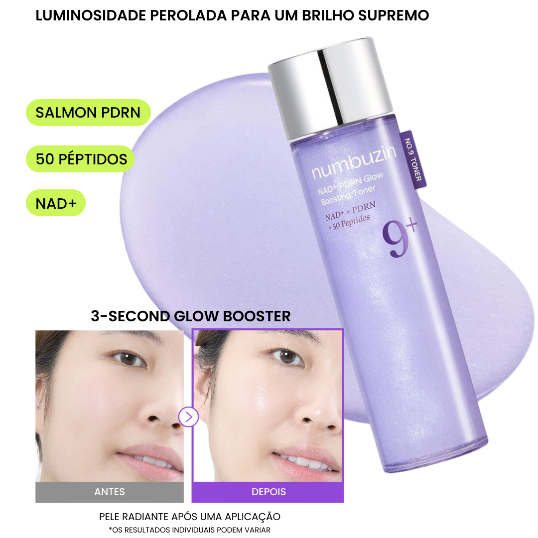 Aplicação do tónico Numbuzin No.9 Glow Boosting no rosto - efeitos antes e depois