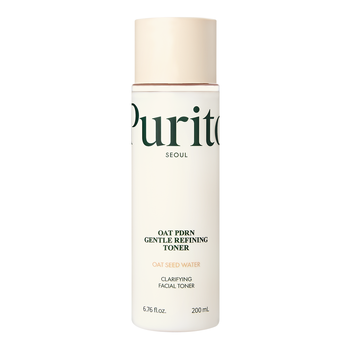 Uma garrafa cilíndrica do Purito Oat PDRN Gentle Refining Toner sobre um fundo preto. O rótulo apresenta texto em verde e destaca “Água de Semente de Aveia”.