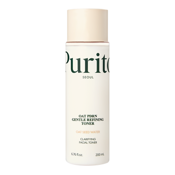Uma garrafa cilíndrica do Purito Oat PDRN Gentle Refining Toner sobre um fundo preto. O rótulo apresenta texto em verde e destaca “Água de Semente de Aveia”.