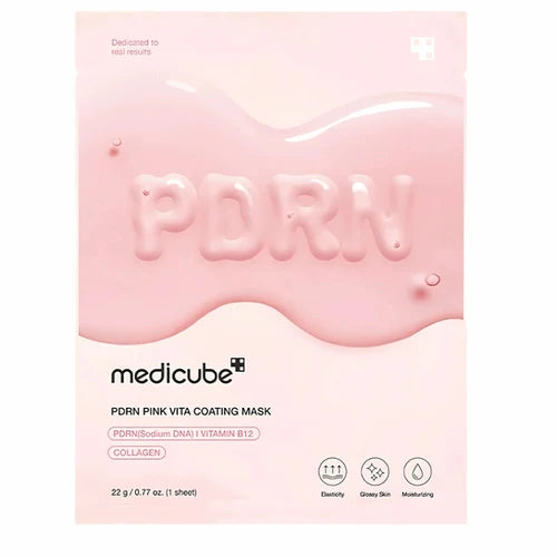 Embalagem rosa da Medicube PDRN Pink Vita Coating Mask, com o logótipo em relevo na superfície. Destaca benefícios de elasticidade, luminosidade e hidratação.