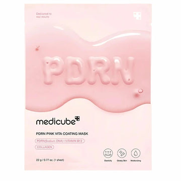 Embalagem rosa da Medicube PDRN Pink Vita Coating Mask, com o logótipo em relevo na superfície. Destaca benefícios de elasticidade, luminosidade e hidratação.