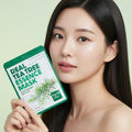 Uma mulher coreano de cabelo comprido e escuro segura um pacote da Real Tea Tree Essence Mask, exibindo pele limpa. A embalagem verde transmite uma sensação fresca e natural.