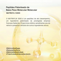 Uma descrição do peptídeo MATRIXYL® 3000 em português, sobre um fundo amarelo-claro, com hashtags promovendo a redução de rugas, a diminuição dos poros e o efeito antienvelhecimento.