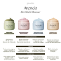 Quatro frascos do Arencia Rice Mochi Cleanser nas cores verde, rosa, azul e bege, com descrições dos ingredientes, efeitos e tipos de pele.