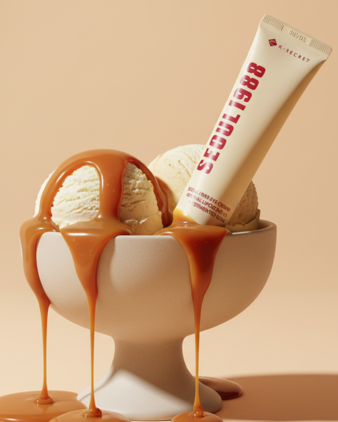 Um pote de sorvete com calda de caramelo, colocado em uma tigela branca, transborda. Ao lado, há um tubo de cuidados com a pele com o rótulo "Seoul 1988 Eye Cream Retinal Liposome 4% Fermented Bean ". Cremoso e indulgente.