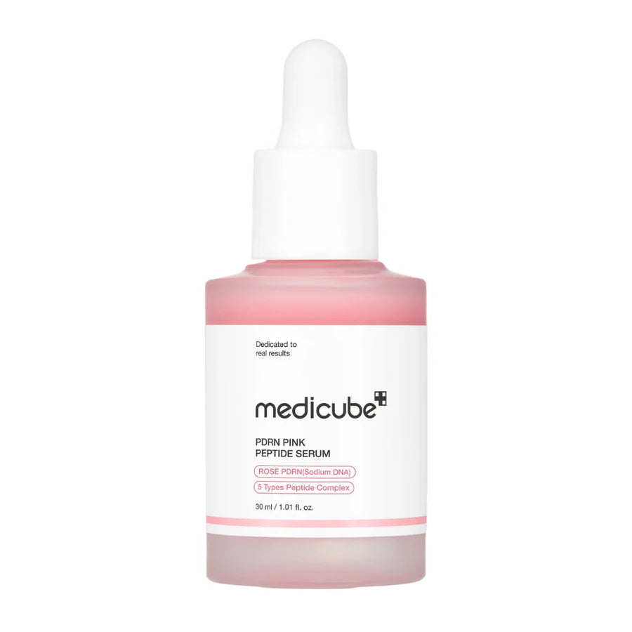 Frasco do sérum Medicube PDRN Pink Peptide 30 ml Glowthie em fundo branco, Loja de Cosmética Coreana em Portugal