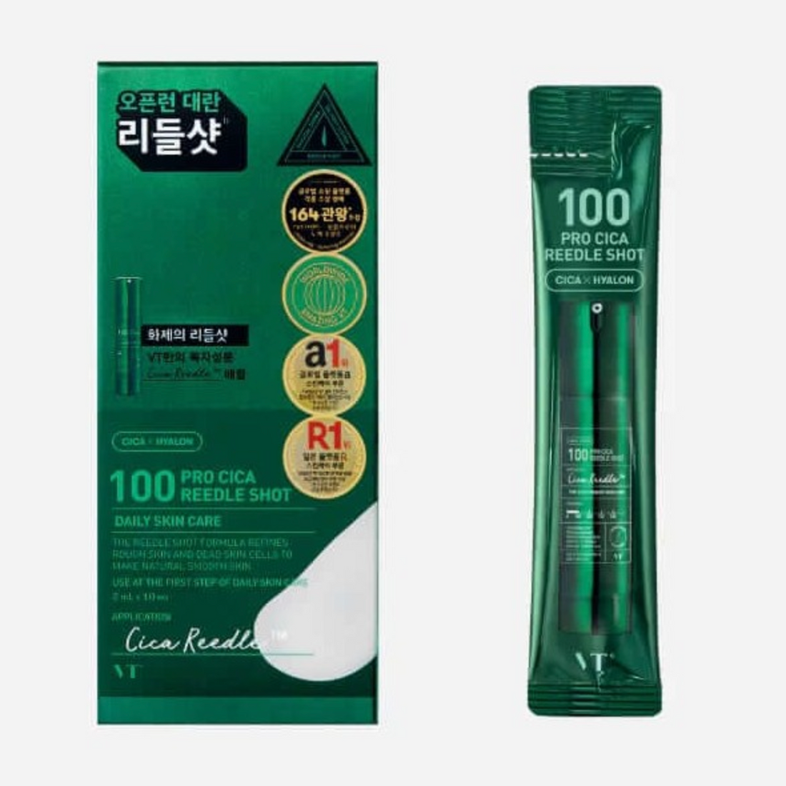 Embalagem e saquetas VT Pro Cica Reedle Shot 100 (10 × 2 ml). Disponível na Glowthie – loja de cosmética coreana em Portugal