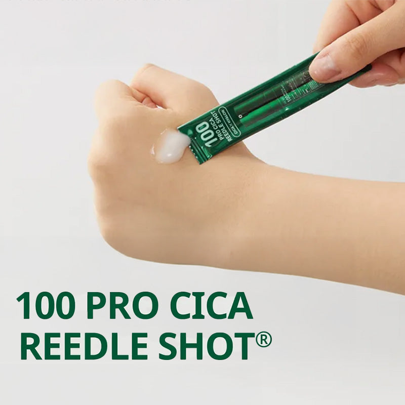 Embalagem e saquetas VT Pro Cica Reedle Shot 100 (10 × 2 ml). Disponível na Glowthie – loja de cosmética coreana em Portugal