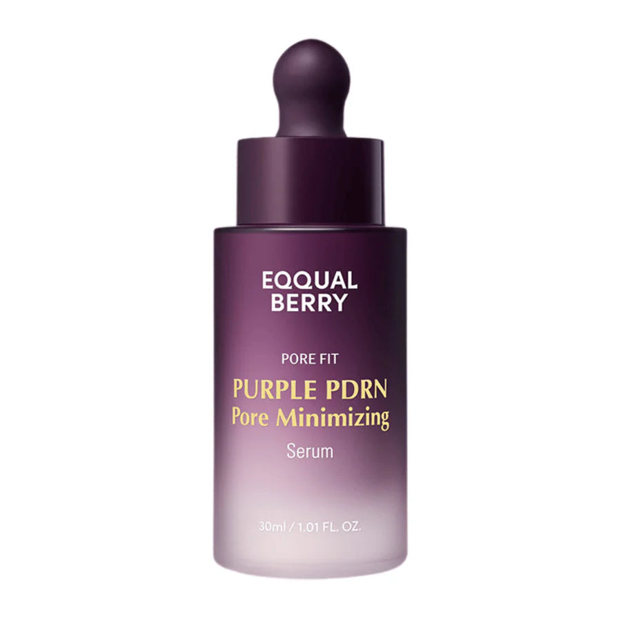 Frasco do sérum EQQUALBERRY Purple PDRN Pore Minimizing Serum Glowthie sobre fundo branco, Loja de Cosmética Coreana em Portugal