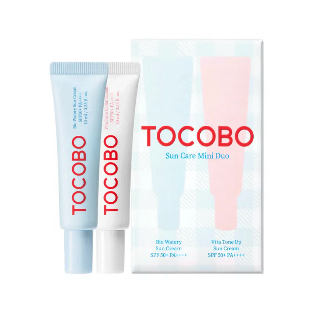 TOCOBO Sun Care Mini Duo – conjunto 2x10 ml de protetores solares SPF50+. Disponível na Glowthie – loja de cosmética coreana em Portugal