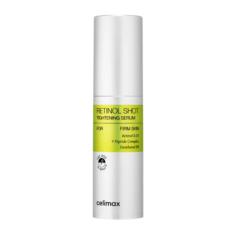 Um frasco cilíndrico branco de Retinol Shot Tightening Serum com um rótulo verde. O produto promove uma pele firme, apresentando Retinol 0,1% e Complexo de Peptídeos. O nome da marca 'celimax' encontra-se na parte inferior. A embalagem tem um aspeto elegante e minimalista.