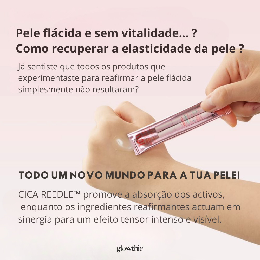 Textura leve e absorção rápida. Ingredientes principais: colagénio, proteína do leite, vitamina E – Reedle Shot 100. Disponível na Glowthie – loja de cosmética coreana em Portugal