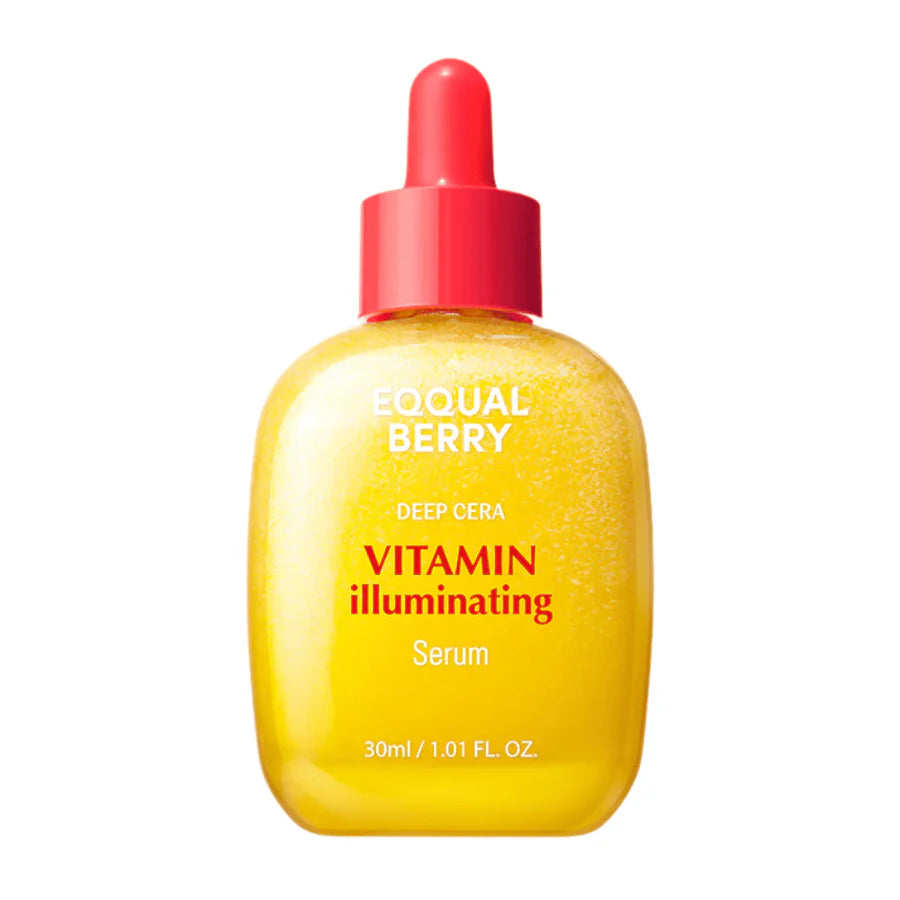 Frasco amarelo vivo do EQQUAL BERRY Vitamin Illuminating Serum, com uma tampa conta-gotas vermelha. O design transmite uma energia fresca e vibrante.