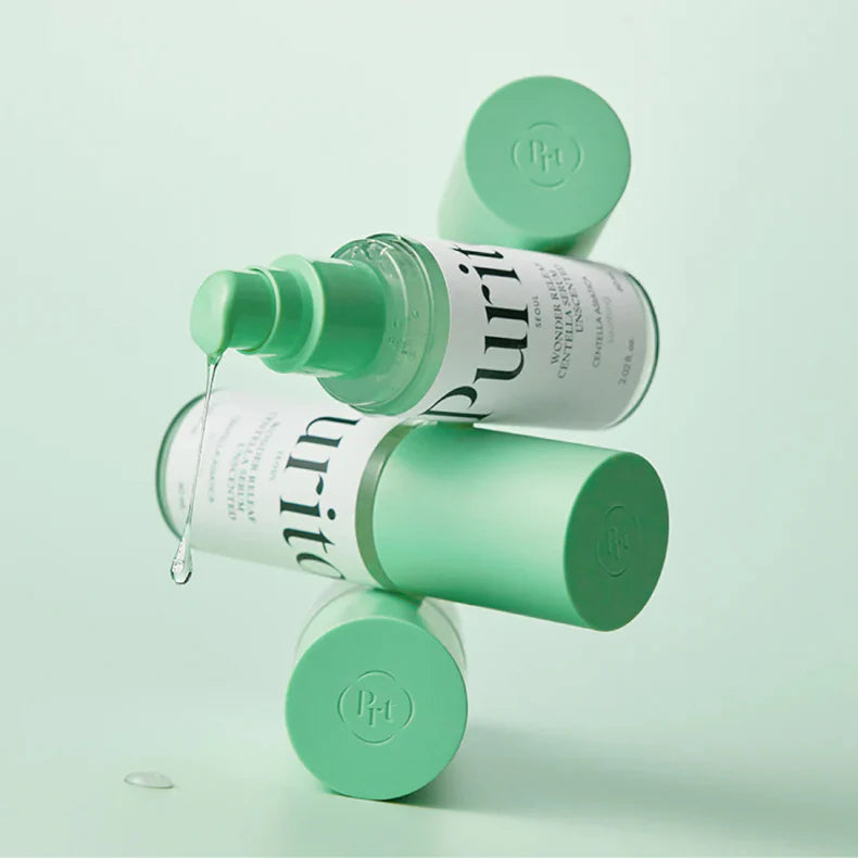 Embalagem minimalista do PURITO Wonder Releaf Serum, fórmula vegana e cruelty free. Disponível na Glowthie – loja de cosmética coreana em Portugal