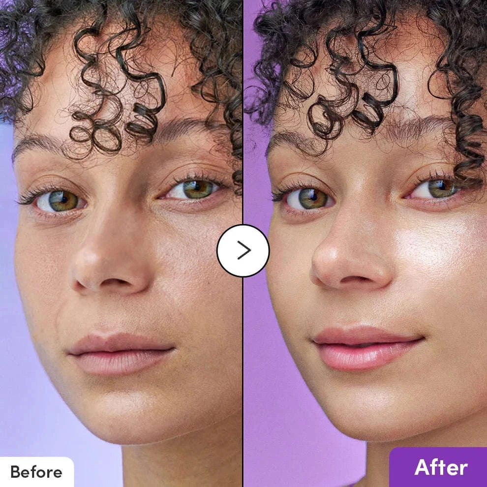 Imagem dividida que mostra o rosto de uma mulher antes e depois dos cuidados de pele. O lado esquerdo apresenta pele seca e irregular, enquanto o lado direito parece mais lisa e luminosa.