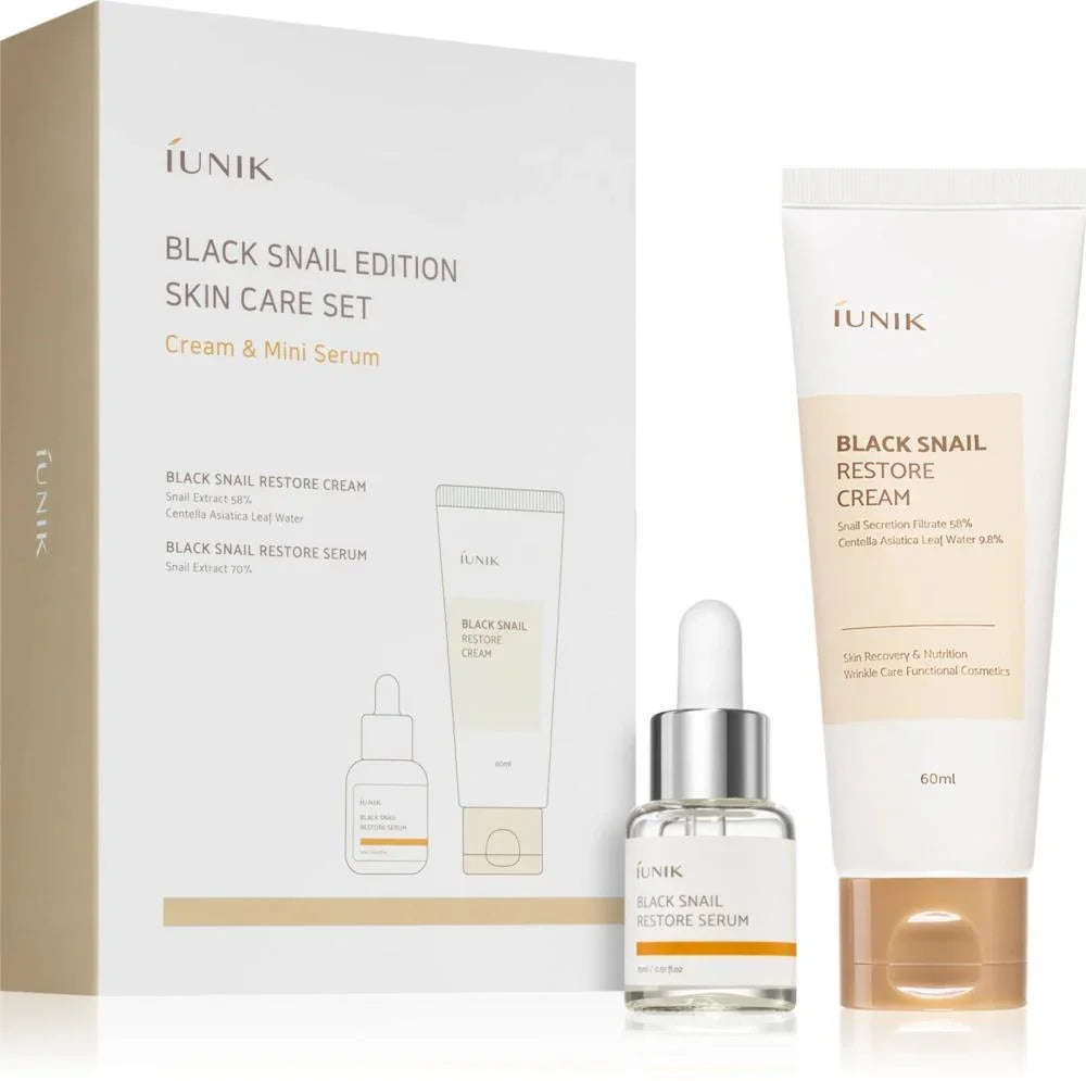 Coffret de cuidados coreanos iUNIK Black Snail com creme e sérum para regeneração da pele.