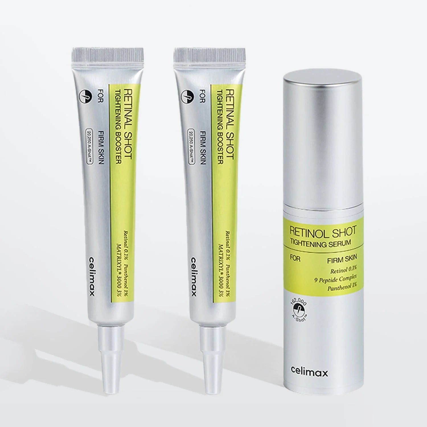 Dois tubos prateados e um frasco prateado dos produtos Retinol Shot Tightening da Celimax. Os rótulos destacam os benefícios de firmeza da pele, com um design limpo e de inspiração clínica. Cosmetica Coreana.