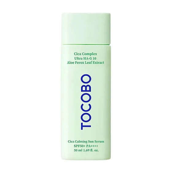 Frasco verde claro de Tocobo Cica Calming Sun Serum com tampa