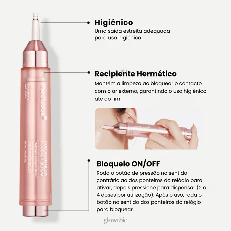 Sérum iluminador Collagen Glow Booster da Medicube — hidrata, melhora a elasticidade e uniformiza o tom da pele com ação antienvelhecimento. Com DNA de salmão. 