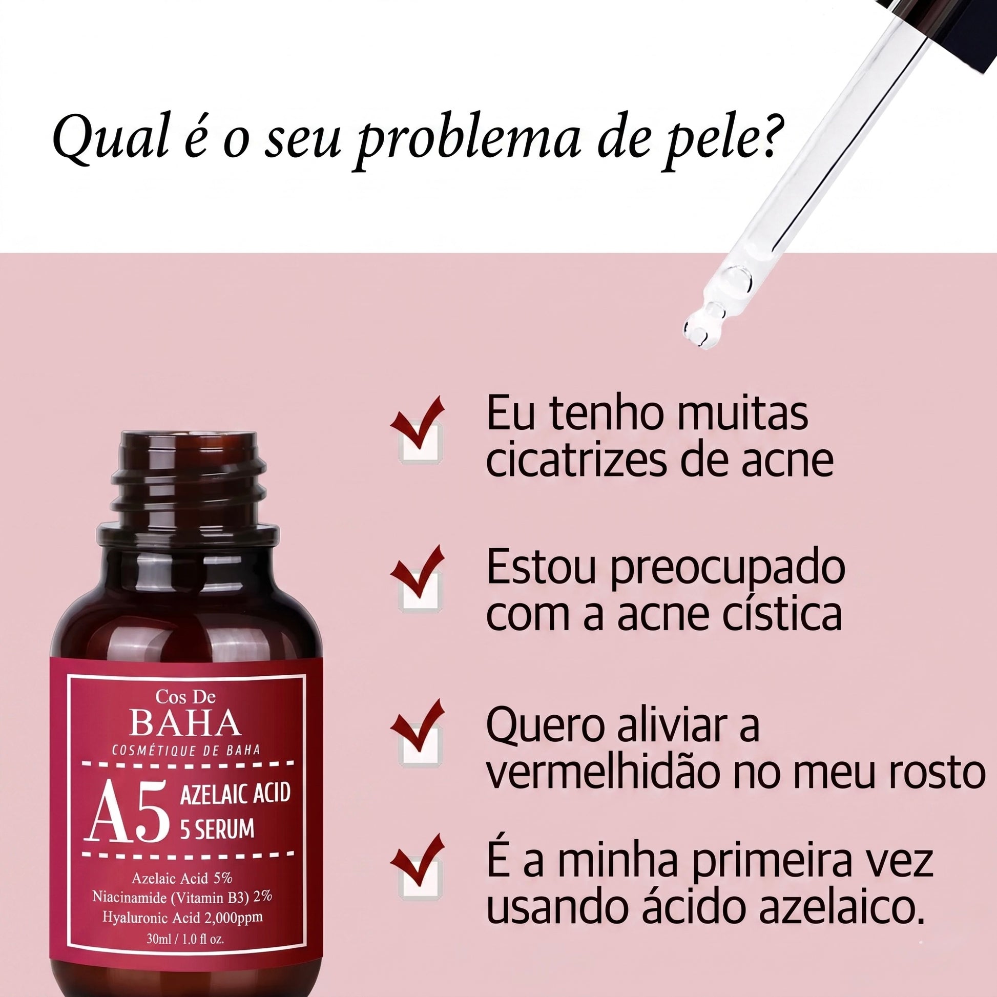 Aplicação do sérum ácido azelaico Cos De Baha no rosto