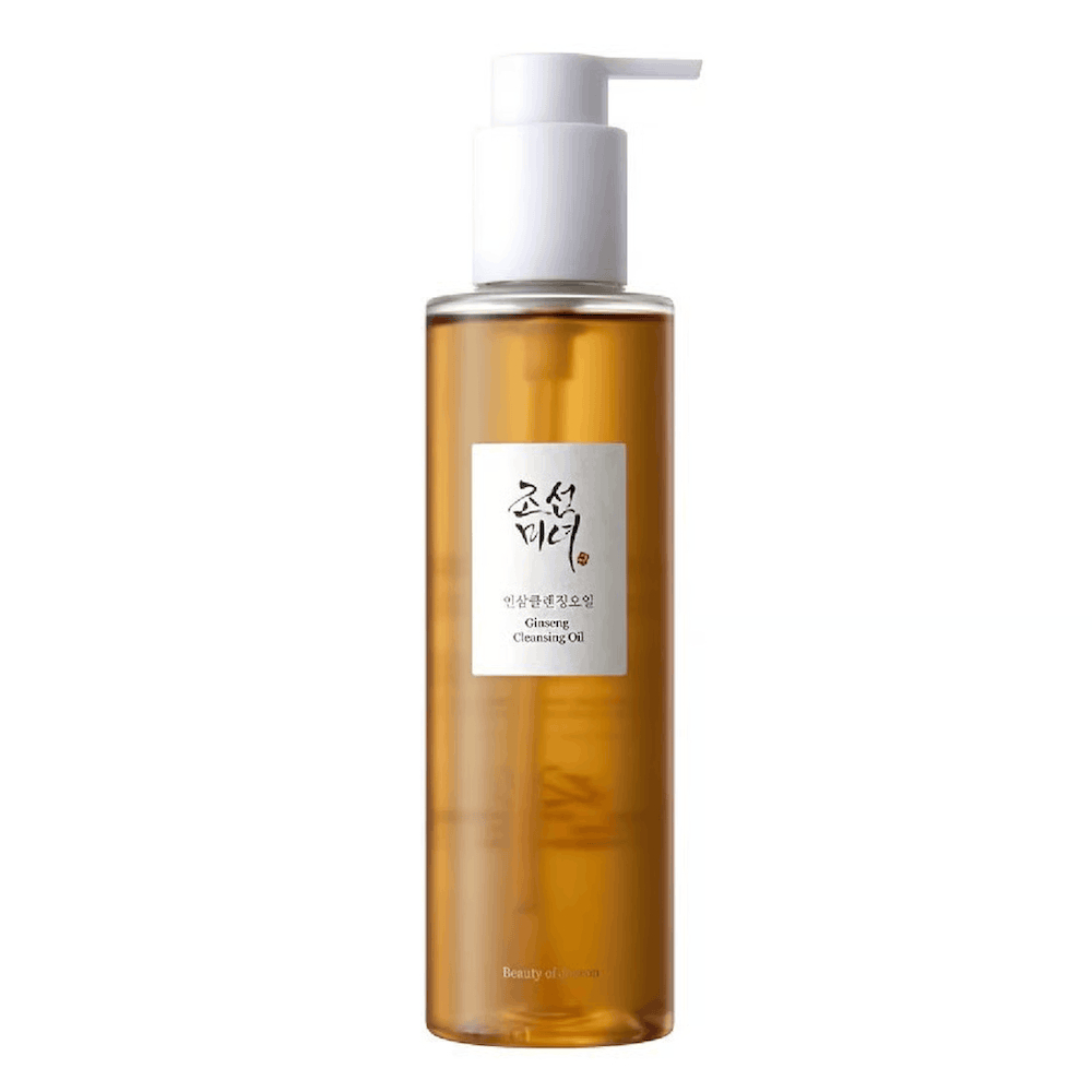Frasco transparente de óleo de limpeza facial coreano com doseador, rótulo em coreano, cosméticos K-Beauty.