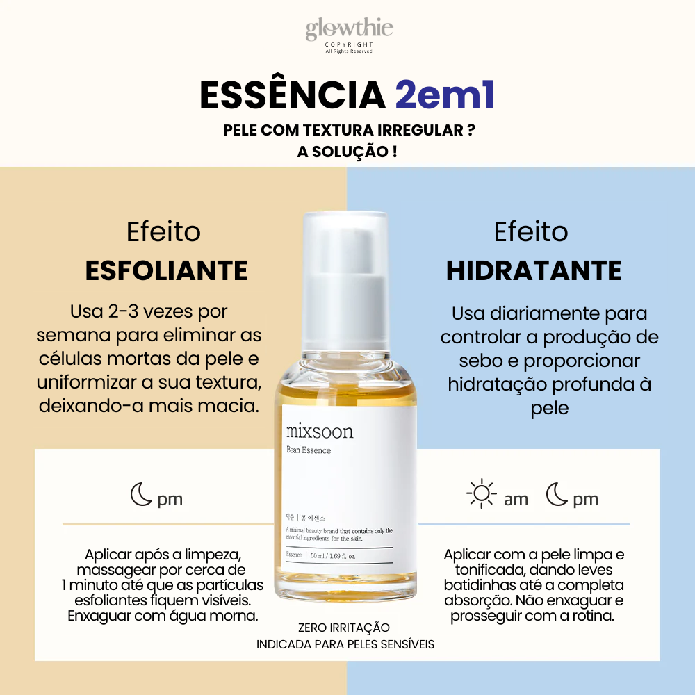Frasco de 50ml da Mixsoon Bean Essence, essência coreana 2 em 1 para hidratação e esfoliação suave da pele
