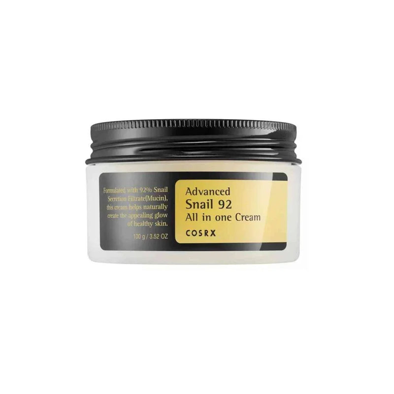Creme facial coreano Advanced Snail 92 COSRX pote 100g, tampa preta, rótulo amarelo.