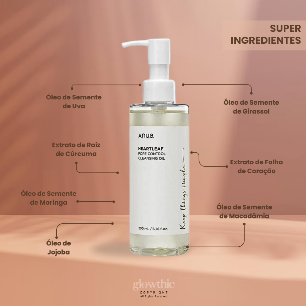 Ingredientes naturais do óleo de limpeza ANUA Heartleaf Pore Control: Houttuynia Cordata, Óleo de Jojoba e Óleo de Semente de Uva