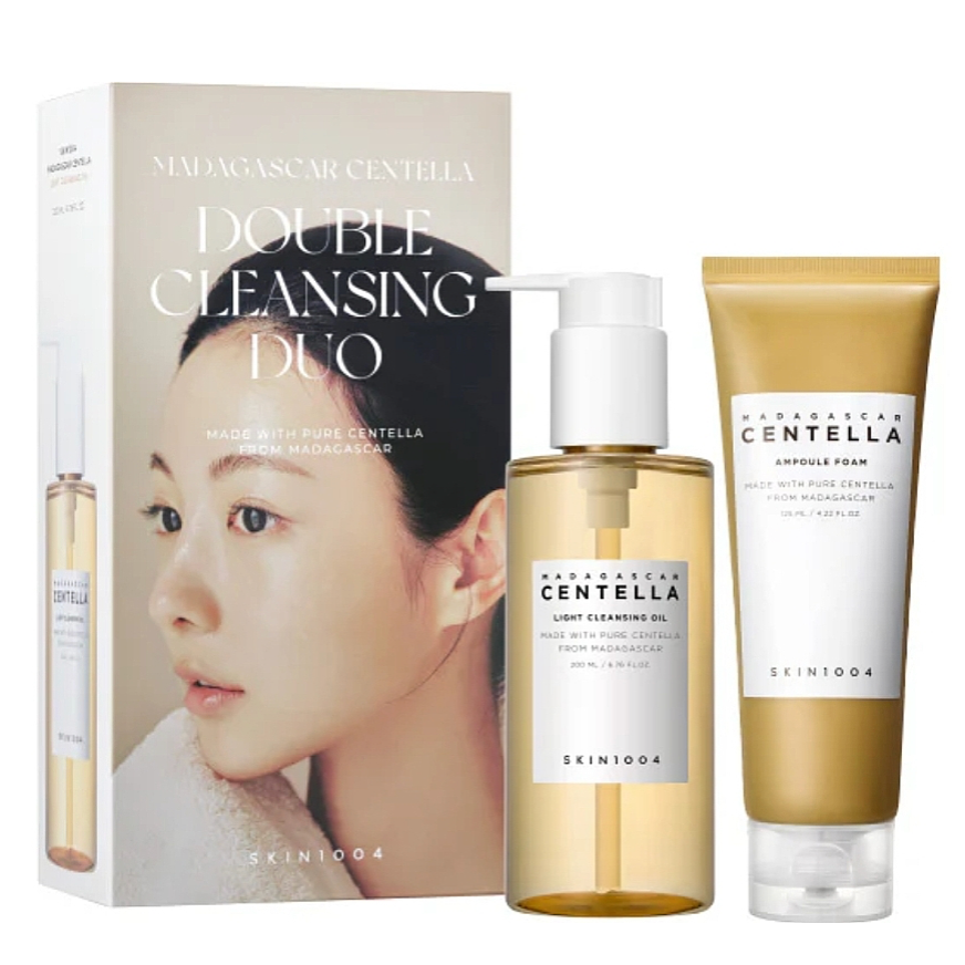 Imagem do conjunto SKIN1004 Double Cleansing Duo com óleo e espuma.
