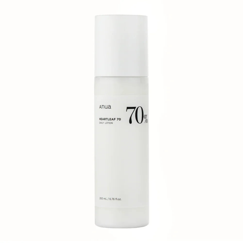 Emulsão facial hidratante e calmante Anua Heartleaf 70 Daily Lotion 200ml em embalagem branca minimalista.
