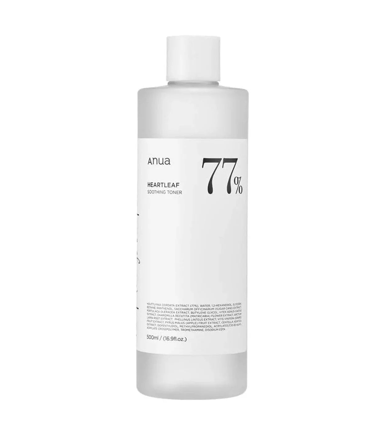 Tónico facial calmante Anua Heartleaf 77% em frasco de 500ml, produto K-Beauty.
